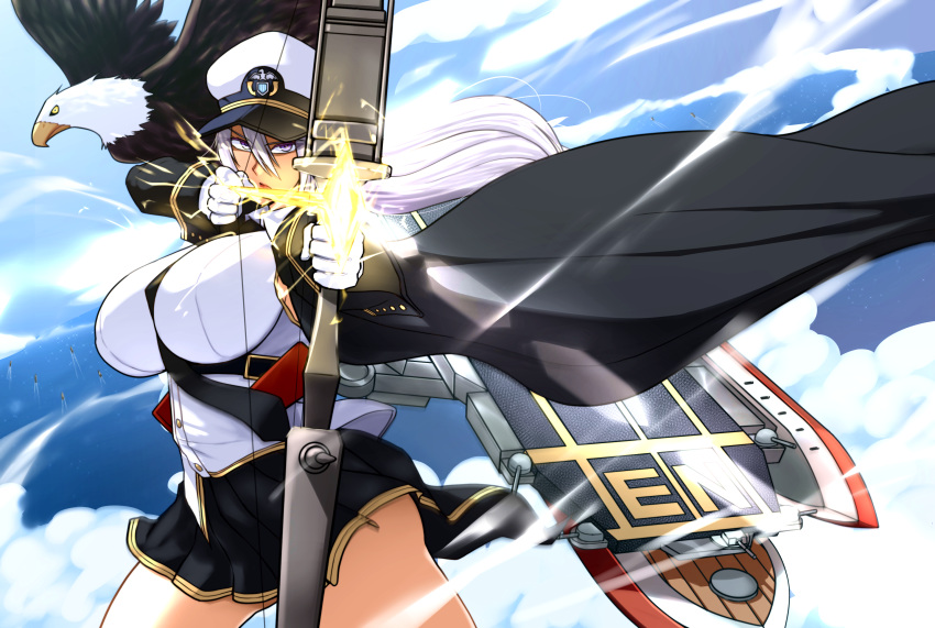 1girl absurdres arrow_(projectile) azur_lane bald_eagle bird black_coat black_necktie bow bow_(weapon) breasts coat drawing_arrow eagle enterprise_(azur_lane) gloves grim_(azur_lane) hair_between_eyes hat highres holding holding_bow_(weapon) holding_weapon large_breasts long_hair looking_at_viewer necktie nuke87654 open_clothes open_coat peaked_cap pleated_skirt rigging shirt skirt sleeveless sleeveless_shirt solo thighs upper_body violet_eyes weapon white_gloves white_hair