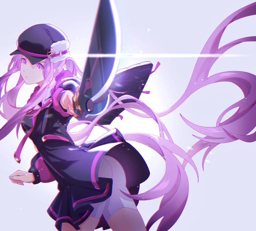1girl absurdres black_dress black_headwear closed_mouth dhsauce dress fate/grand_order fate_(series) floating_hair from_side frown grey_background highres holding holding_sword holding_weapon long_hair long_sleeves medusa_(fate) pink_eyes pink_hair short_dress shorts shorts_under_dress solo sword very_long_hair weapon white_shorts