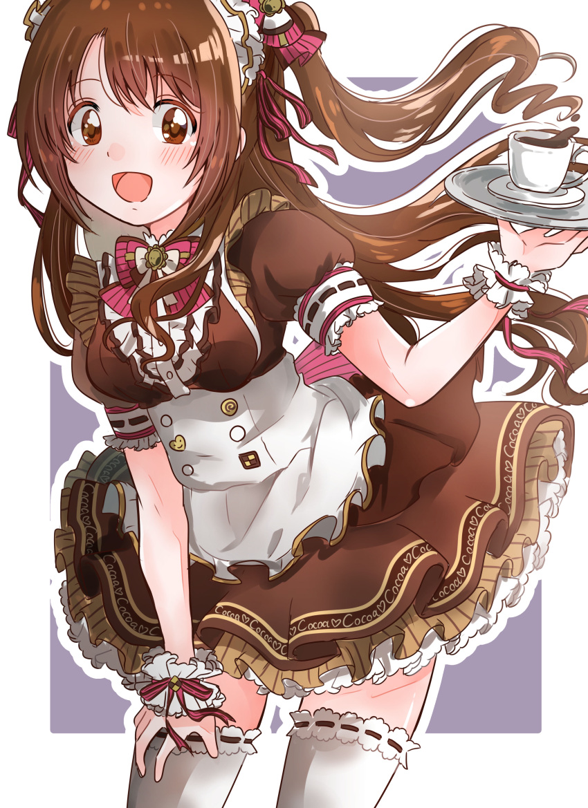 1girl :d absurdres apron arm_support blush border bow bowtie breasts brown_dress brown_eyes brown_hair coffee_cup cowboy_shot cup disposable_cup dress dress_bow frilled_dress frills grey_background hair_bow hair_ribbon hanada_(hanada0422) hand_up highres holding holding_tray idolmaster idolmaster_cinderella_girls idolmaster_cinderella_girls_starlight_stage layered_dress leaning_forward long_hair looking_at_viewer maid medium_breasts one_side_up open_mouth outside_border pink_bow pink_bowtie plate puffy_short_sleeves puffy_sleeves red_ribbon ribbon scrunchie shimamura_uzuki short_sleeves smile solo standing thigh-highs tray waist_apron white_apron white_border white_headdress white_scrunchie white_thighhighs wrist_scrunchie zettai_ryouiki