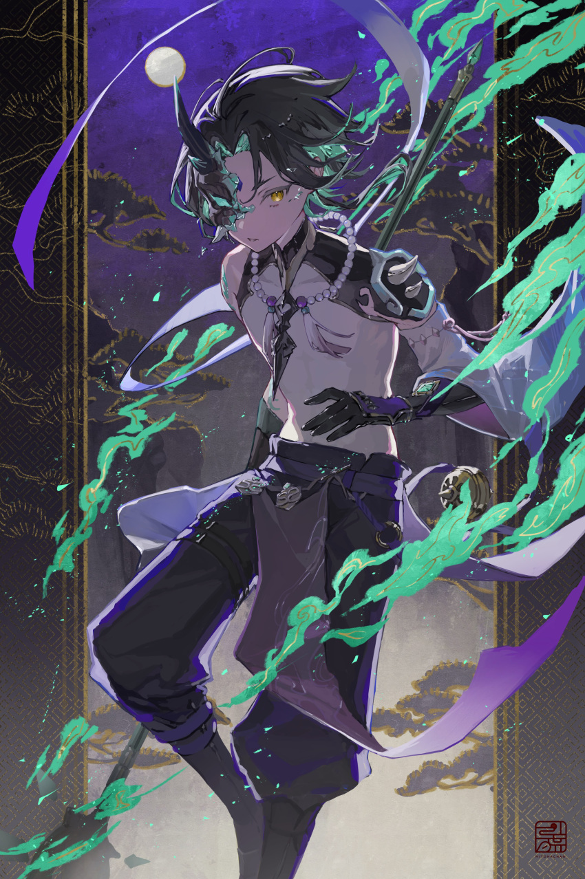 1boy absurdres aqua_hair armor black_gloves black_hair black_shorts chinese_clothes feet_out_of_frame genshin_impact gloves half_mask highres hitohachan holding holding_polearm holding_weapon jewelry looking_at_viewer male_focus mask moon multicolored_hair necklace parted_lips pearl_necklace polearm primordial_jade_winged-spear_(genshin_impact) shorts shoulder_armor shoulder_spikes single_sleeve solo spikes two-tone_hair weapon xiao_(genshin_impact) yellow_eyes