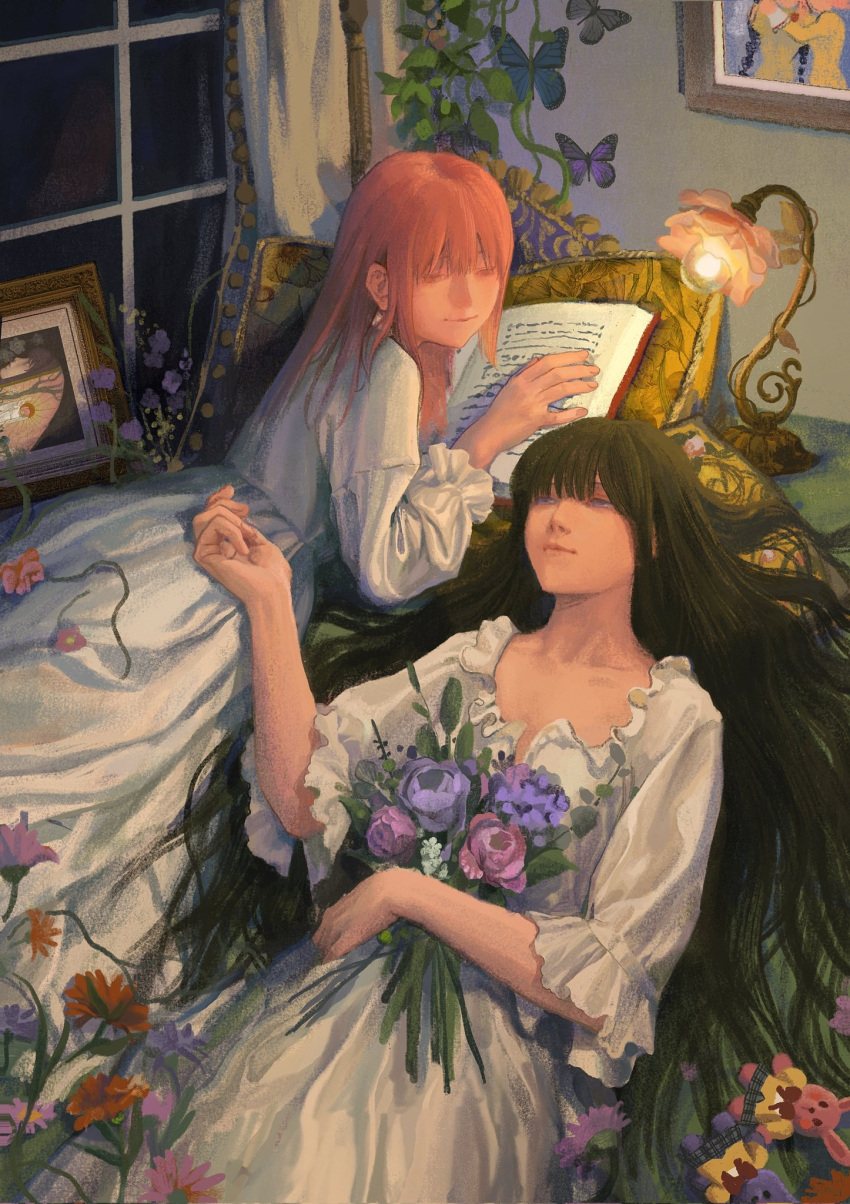 2girls akemi_homura alternate_costume black_hair book bouquet bug butterfly chinese_commentary collarbone commentary_request cowboy_shot curtains dress eye_contact flower frilled_dress frills from_above hair_spread_out half-closed_eyes highres holding holding_bouquet indoors kaname_madoka lamp long_hair looking_at_another lying mahou_shoujo_madoka_magica medium_hair miaoyunyun multiple_girls night nightgown on_back on_stomach open_book picture_(object) pillow pink_eyes pink_flower pink_hair pink_rose purple_flower purple_rose rose smile violet_eyes white_dress white_nightgown wind yuri