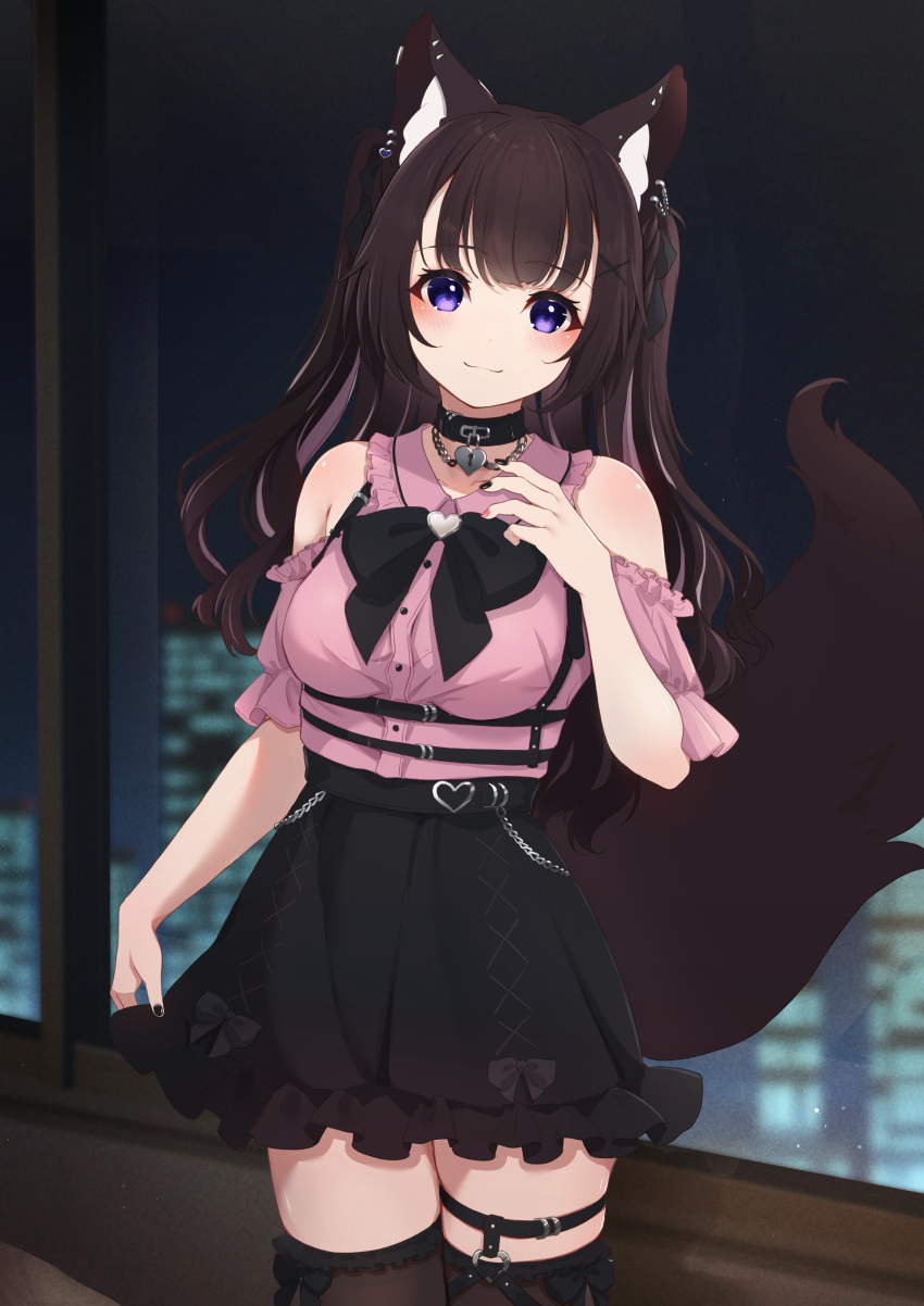 1girl absurdres animal_ear_fluff animal_ears bare_shoulders black_skirt blurry blurry_background blush breasts brown_hair brown_thighhighs building closed_mouth collared_shirt commentary_request depth_of_field dress_shirt fox_ears fox_girl fox_tail frilled_skirt frills hair_ornament hand_up highres hinata_(user_rjkt4745) indoors jirai_kei long_hair looking_at_viewer medium_breasts night night_sky original pink_shirt puffy_short_sleeves puffy_sleeves shirt short_sleeves skirt sky smile solo tail thigh-highs two_side_up very_long_hair violet_eyes window x_hair_ornament