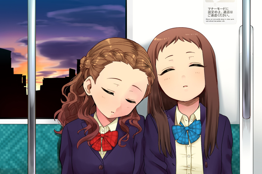 2girls blazer blue_bow blue_bowtie blue_jacket bow bowtie braid braided_bangs breasts brown_hair building buttons closed_eyes clouds cloudy_sky collared_shirt commentary_request dusk facing_viewer flat_chest forehead hand_grip idolmaster idolmaster_cinderella_girls jacket koseki_reina leaning_on_person long_hair long_sleeves medium_breasts multiple_girls note okachi open_clothes open_jacket parted_lips red_bow red_bowtie school_uniform seki_hiromi shirt short_bangs sitting sky sleeping sleeping_upright train_interior upper_body wavy_hair window yellow_shirt