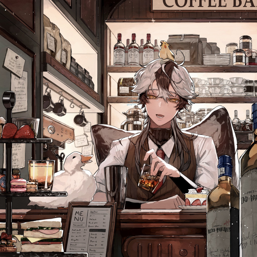 1boy ahoge alcohol animal animal_on_head artist_name bird bird_boy bird_on_head bird_wings bishounen brown_background brown_eyes brown_hair brown_sweater brown_vest brown_wings cafe cake cockatiel coffee_maker_(object) collared_shirt colored_eyelashes cup drink duck feathered_wings food fruit hair_between_eyes hand_up head_tilt highres holding holding_drink indoors jar long_hair looking_at_viewer lower_teeth_only macaron male_focus menu mug multicolored_hair necktie note on_head open_mouth original osprey_0725 parrot pastry red_necktie sandwich shelf shirt short_sleeves signature sitting solo strawberry streaked_hair sweater teacup teeth tiered_tray turtleneck turtleneck_sweater upper_body vest white_hair white_shirt wings