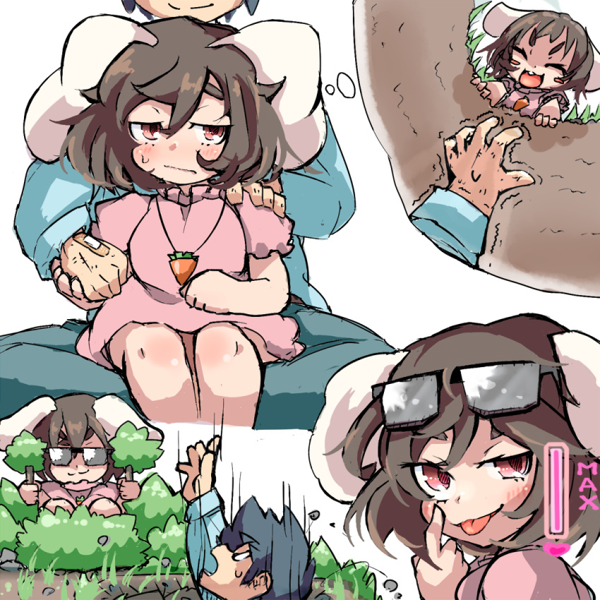 1boy 1girl akanbe animal_ears bandaid bandaid_on_hand black_hair blue_shirt blush brown_hair buck_teeth bush carrot_necklace closed_eyes closed_mouth commentary_request dress eyewear_on_head falling feet_out_of_frame floppy_ears hair_between_eyes heart inaba_tewi jewelry looking_at_another looking_at_viewer medium_bangs necklace open_mouth pink_dress pink_eyes pitfall rabbit_ears rabbit_girl shirt short_hair short_sleeves simple_background sitting sitting_on_lap sitting_on_person smile sunglasses teeth tongue tongue_out touhou trembling upper_body v-shaped_eyebrows white_background yoshiyuki_(14330975)
