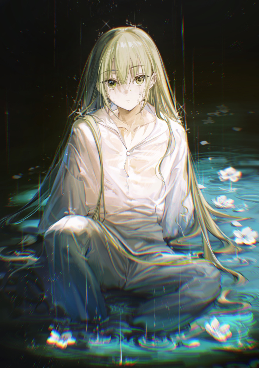 1other :o absurdres androgynous arm_support black_background blurry buttons chromatic_aberration collarbone depth_of_field enkidu_(fate) fate/grand_order fate/strange_fake fate_(series) flower flower_on_liquid full_body green_eyes green_hair highres long_hair long_sleeves looking_at_viewer pants parted_lips partially_submerged petals rain rumoon shirt sitting solo water water_drop wet wet_clothes wet_face wet_shirt white_flower white_pants white_petals white_shirt