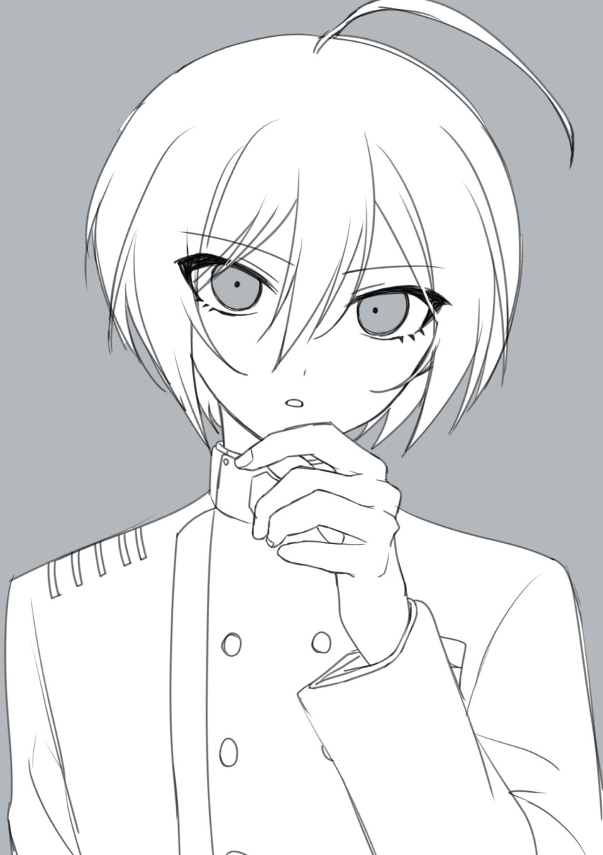 1boy ahoge breast_pocket buttons danganronpa_(series) danganronpa_v3:_killing_harmony double-breasted grey_background hair_between_eyes hand_on_own_chin hand_up highres hsm_0704 jacket long_sleeves male_focus pocket saihara_shuichi short_hair simple_background solo teeth