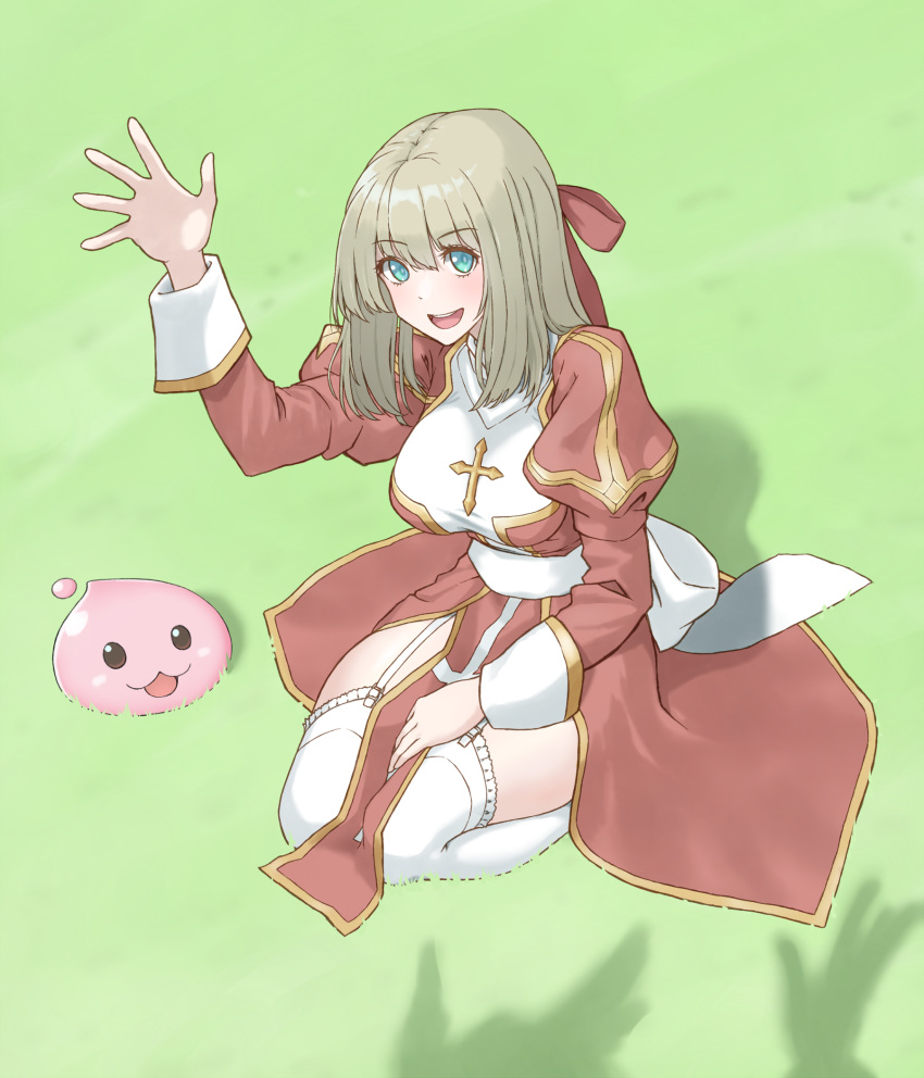 1girl :3 :d back_bow blonde_hair blue_eyes bow breasts cross dress eyelashes full_body garter_straps grey_pupils hair_between_eyes hair_ribbon hand_on_own_thigh hand_up high_priest_(ragnarok_online) highres large_breasts medium_hair mkai open_mouth poring ragnarok_online red_dress red_ribbon ribbon sash sitting sleeve_cuffs slime_(creature) smile solo straight_hair teeth thigh-highs two-tone_dress upper_teeth_only wariza white_bow white_dress white_sash white_thighhighs zettai_ryouiki