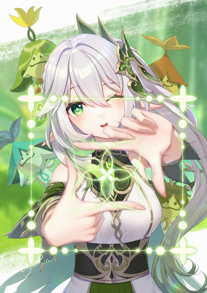 1girl 4others ;d absurdres adapted_costume aged_up alternate_costume aranara_(genshin_impact) armpits blurry bracelet commentary_request depth_of_field detached_sleeves finger_frame genshin_impact gradient_hair green_eyes hair_between_eyes hair_ornament head_tilt highres jewelry leaf_hair_ornament lightria looking_at_viewer multicolored_hair multiple_others nahida_(genshin_impact) one_eye_closed outdoors pointy_ears short_sleeves side_ponytail sidelocks smile streaked_hair symbol-shaped_pupils two-tone_hair white_hair