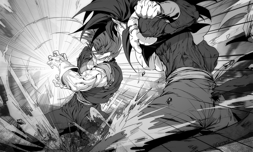 battle blue_sash clenched_hand clenched_hands closed_mouth dougi dragon_ball dragon_ball_gt dragon_ball_super earrings energy_ball fighting_stance gloves gogeta incoming_attack jewelry kamehameha_(dragon_ball) male_focus metamoran_vest monkey_boy monkey_tail monochrome multiple_boys muscular muscular_male ommmyoh pants potara_earrings powering_up red_fur saiyan sash serious simple_background spiky_hair super_saiyan super_saiyan_4 super_saiyan_blue tail vegetto