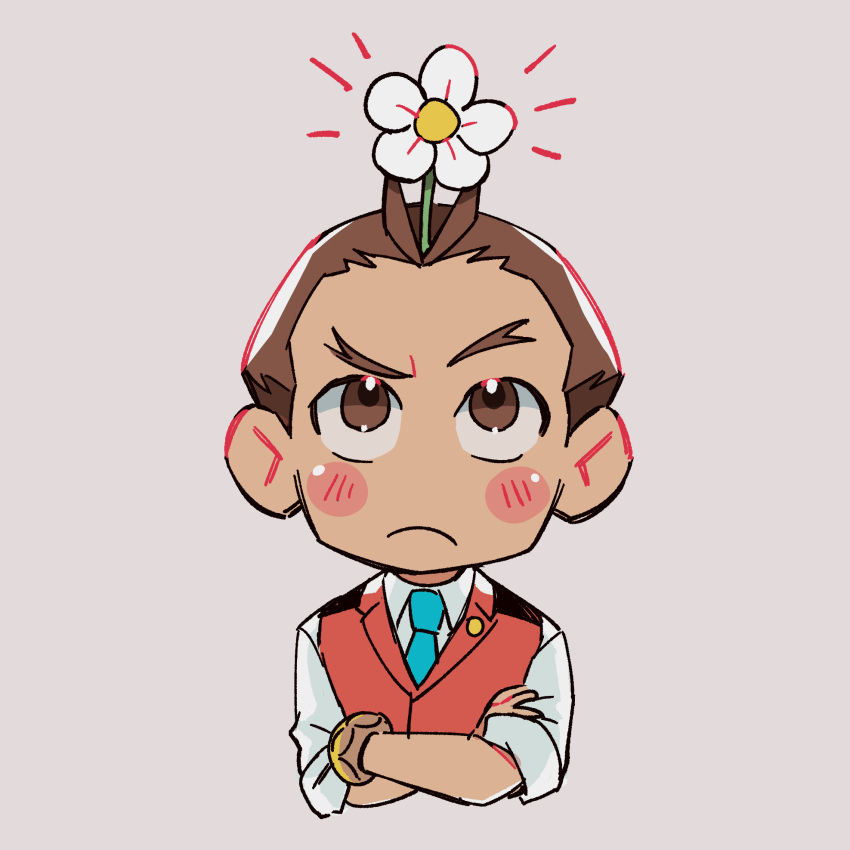 1boy ace_attorney antenna_hair apollo_justice aqua_necktie asymmetrical_eyebrows blush_stickers bracelet brown_eyes brown_hair closed_mouth collared_shirt crossed_arms flower flower_on_head frown highres jewelry lapel_pin lapels looking_up male_focus necktie no_nose pink_background red_vest reikacchan shirt short_hair sleeves_rolled_up solo upper_body vest white_flower white_shirt