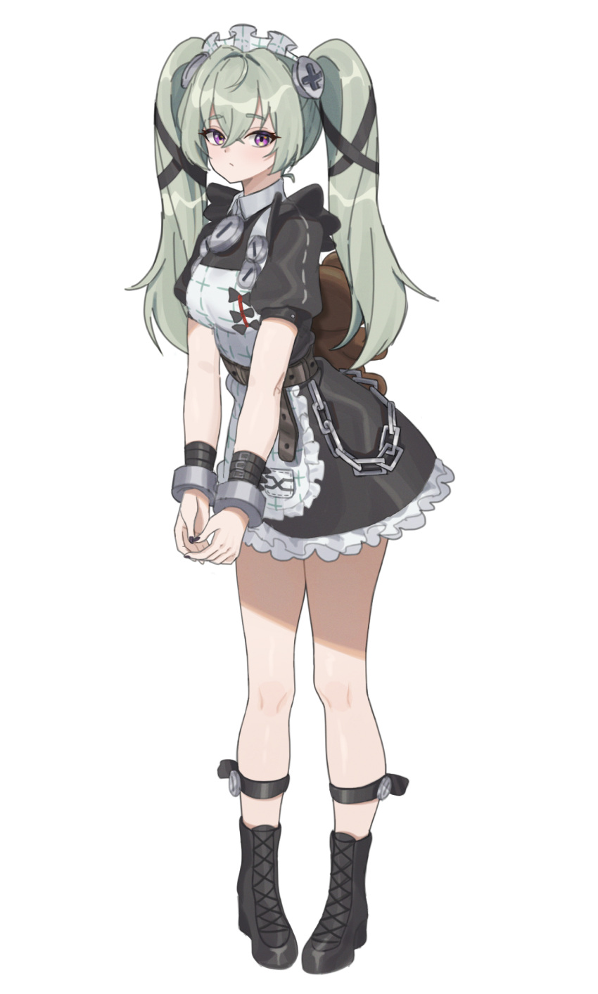 1girl apron black_bow black_dress black_footwear black_wristband boots bow chain closed_mouth collared_dress combat_boots commentary corin_wickes dress erenav frilled_dress frills full_body green_hair hair_between_eyes high_belt highres looking_at_viewer maid_apron maid_headdress shin_strap short_dress simple_background solo stuffed_animal stuffed_toy teddy_bear twintails violet_eyes white-framed_eyewear zenless_zone_zero