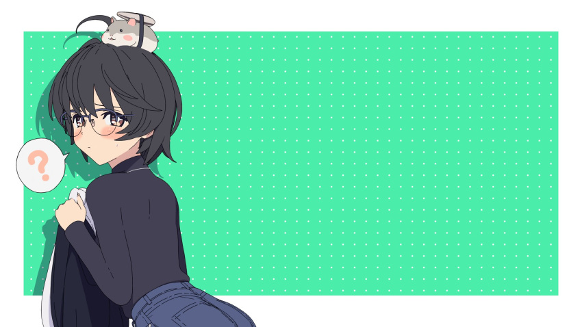 +_+ 1girl 3d ? ahoge animal_on_head artist_request black_hair blender_(medium) blue_shorts blush border bright_pupils brown_eyes closed_mouth cowboy_shot dot_mouth dot_nose dotted_background from_behind glasses green_background hand_up highres holding holding_clothes holding_hoodie long_sleeves looking_at_viewer looking_back on_head outside_border rin_(rinrinne) rinrinne semi-rimless_eyewear shadow short_hair shorts simple_background solo speech_bubble spoken_question_mark standing sweatdrop turtleneck virtual_youtuber white_border white_pupils