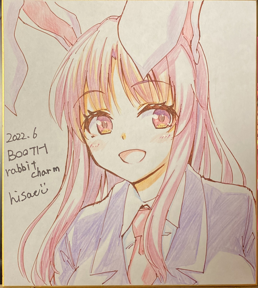 animal_ears artist_name breasts colored_pencil_(medium) dated english_text highres hisae_(hisae_collect) long_hair looking_at_viewer necktie portrait purple_hair rabbit_ears red_eyes red_necktie reisen_udongein_inaba suit touhou traditional_media upper_body