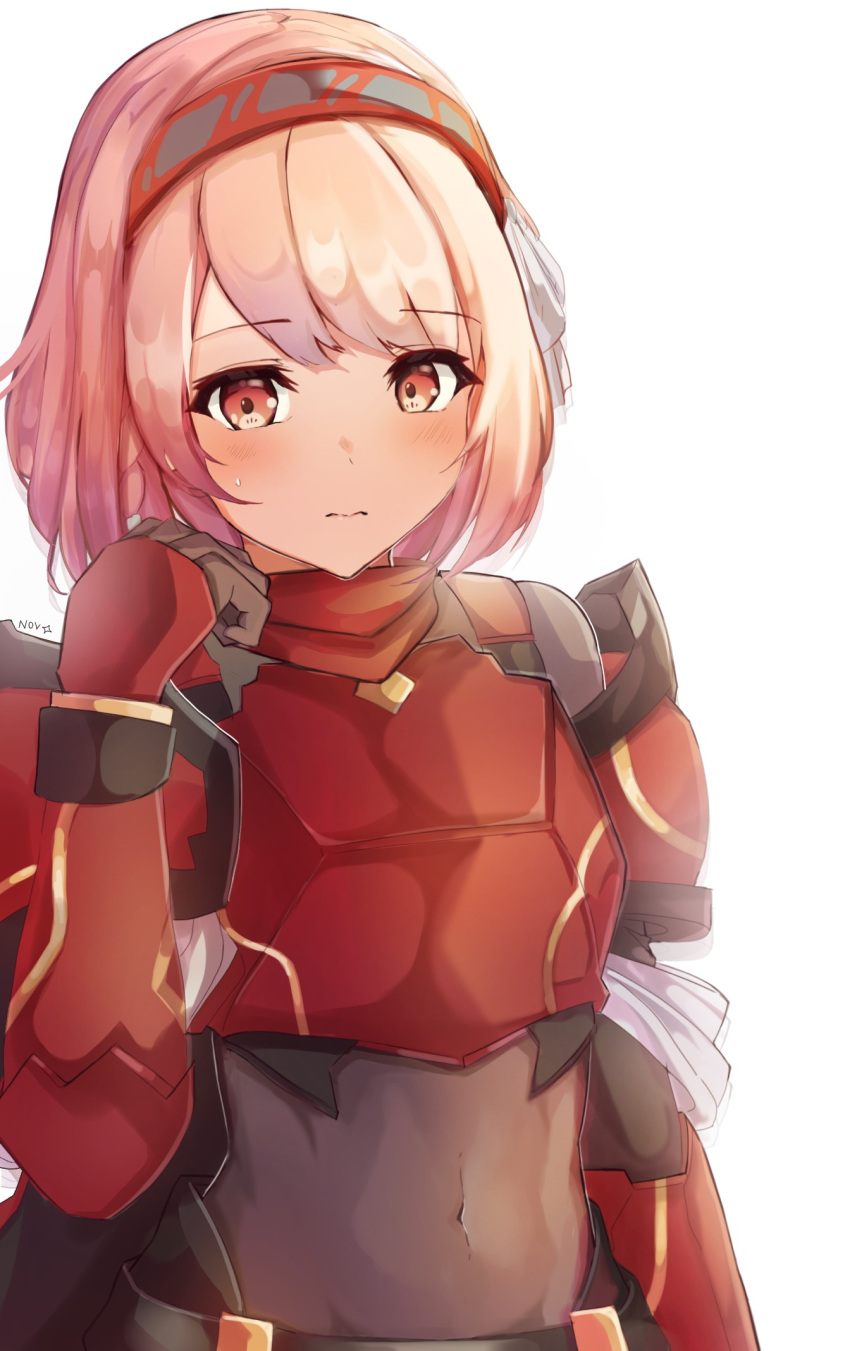 1girl armor blush breastplate closed_mouth covered_navel fire_emblem fire_emblem_engage gauntlets gloves hair_ornament hairband highres lapis_(fire_emblem) navel novembertimex pink_eyes pink_hair red_armor short_hair shoulder_armor skin_tight solo white_background