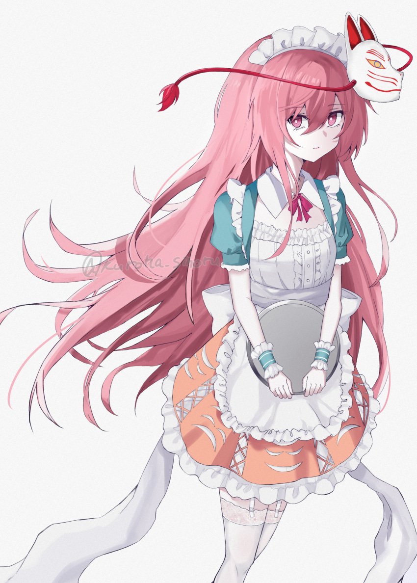 1girl adapted_costume closed_mouth commentary fox_mask garter_straps hata_no_kokoro highres kuro_wa_shinoru long_hair looking_at_viewer maid_headdress mask pink_eyes pink_hair pink_skirt short_sleeves simple_background skirt solo thigh-highs touhou white_background white_thighhighs wrist_cuffs