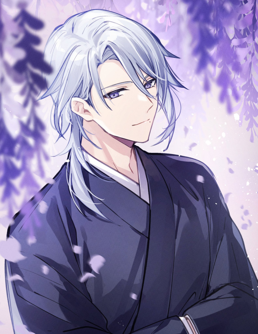 1boy black_kimono blurry blurry_background closed_mouth commentary_request depth_of_field flower genshin_impact grey_hair hair_between_eyes hands_in_opposite_sleeves highres japanese_clothes kamisato_ayaka kimono long_sleeves male_focus mochizuki_shiina mole mole_under_mouth parted_bangs petals purple_flower smile solo upper_body violet_eyes wisteria