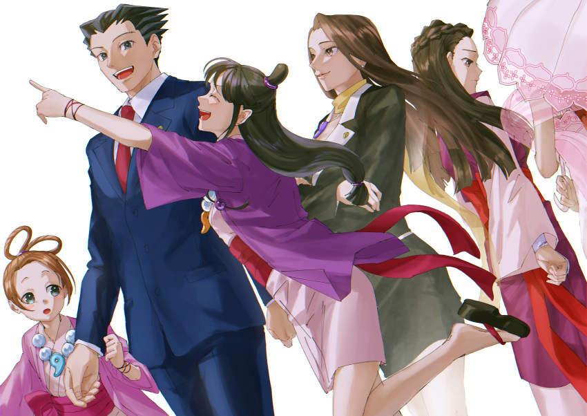 1boy 5girls :d :o absurdres ace_attorney arms_at_sides bead_necklace beads black_hair black_jacket black_skirt blue_eyes blue_jacket blue_pants blue_suit blush braid brown_hair buttons child closed_eyes closed_mouth collared_shirt crossed_arms crown_braid dahlia_hawthorne dutch_angle earrings from_behind from_side green_eyes hagoromo hair_rings happi head_out_of_frame highres iris_(ace_attorney) jacket japanese_clothes jewelry kimono lapel_pin lapels leg_up long_hair long_sleeves low-tied_long_hair low_tied_sidelocks magatama maya_fey mia_fey mole mole_under_eye multiple_girls necklace necktie no_socks obi open_mouth pants pearl_fey phoenix_wright pink_sash pink_shawl pocket pointing profile purple_jacket red_necktie red_sash sad sash shawl shirt short_kimono sidelocks simple_background skirt sleeves_past_elbows smile spiky_hair string_around_wrist suit suit_jacket teeth topknot umbrella upper_teeth_only very_long_hair white_background white_kimono white_shirt yymmawo_vv2