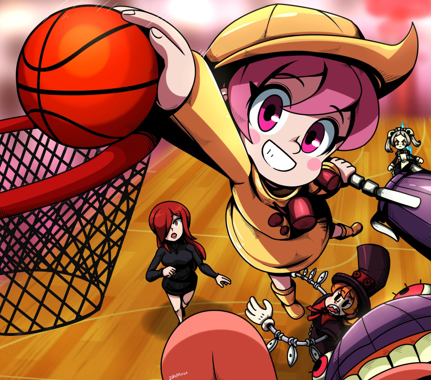 4girls ball basketball_(object) basketball_court bloody_marie_(skullgirls) blurry blurry_background blush commission dress extra_eyes eye_socket glaring grey_hair hair_ornament hat highres holding holding_ball hungern_(skullgirls) indoors jumping long_hair looking_at_another maid_headdress mechanical_arms multiple_girls parasoul_(skullgirls) peacock_(skullgirls) playing_sports red_eyes redhead second-party_source sharp_teeth short_hair skull_hair_ornament skullgirls smile surprised teeth top_hat turtleneck twintails yellow_dress yellow_headwear yellow_raincoat zerotosix06