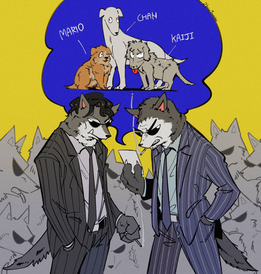 6+boys absurdres animalization belt black_belt black_hair chang_bowen character_name character_request cigarette clenched_teeth commentary_request cowboy_shot dog dog_boy endou_yuuji furrification furry furry_male grey_jacket grey_necktie grey_pants hand_in_pocket highres holding holding_cigarette inudori itou_kaiji jacket kaiji male_focus mario_garcia multiple_boys necktie pants pinstripe_pattern pinstripe_shirt sharp_teeth shirt short_hair smoking striped striped_jacket striped_pants sunglasses teeth vertical-striped_jacket vertical-striped_pants vertical_stripes wolf_boy yellow_background
