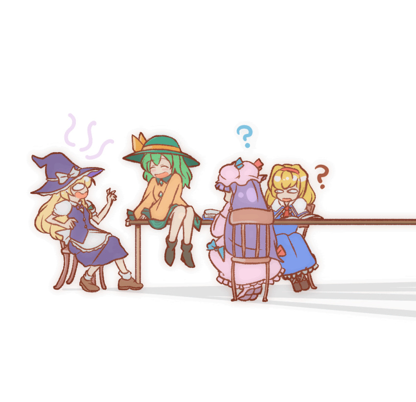 4girls :d ? ^_^ alice_margatroid animated animated_gif black_dress blonde_hair blue_dress brown_footwear chair closed_eyes commentary dress full_body hands_up hat kirisame_marisa komeiji_koishi korean_commentary long_hair looking_at_another looping_animation mirae_somang mixed-language_commentary mob_cap multiple_girls o_o patchouli_knowledge pink_dress pink_headwear purple_hair simple_background sitting smile table touhou white_background witch_hat