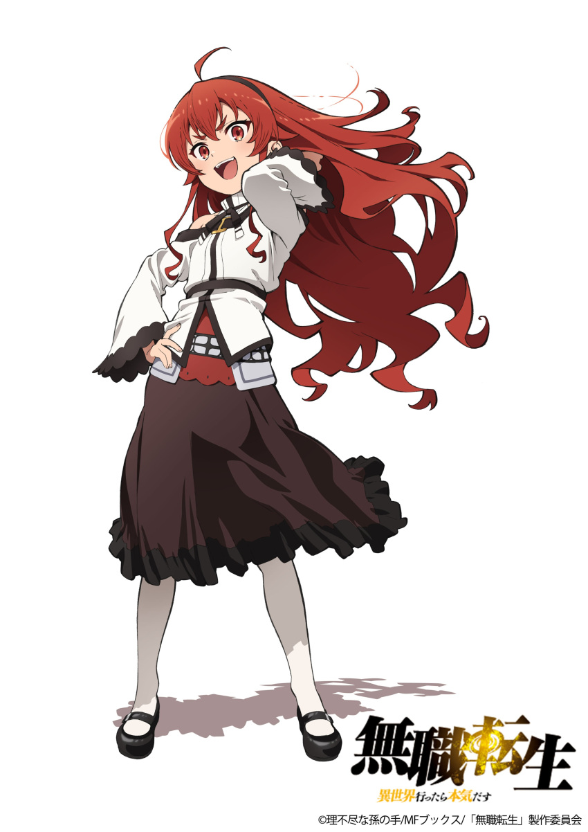 1girl absurdres ahoge artist_request bare_shoulders black_footwear black_hairband black_skirt blush eris_greyrat floating_hair full_body hairband hand_in_own_hair highres jacket long_hair looking_at_viewer mary_janes mushoku_tensei off-shoulder_jacket off_shoulder official_art open_mouth pantyhose red_eyes redhead shoes simple_background skirt smile solo thick_eyebrows white_background white_jacket white_pantyhose