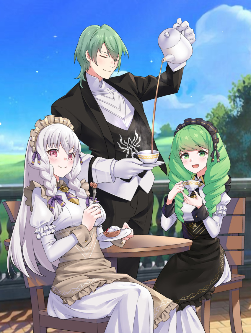 2girls alternate_costume apron braided_sidelock byleth_(fire_emblem) chair closed_eyes cup dessert drill_hair enlightened_byleth_(male) fire_emblem fire_emblem:_three_houses flayn_(fire_emblem) food fork gloves green_eyes green_hair hair_over_shoulder highres holding holding_cup holding_teapot igni_tion long_hair lysithea_von_ordelia lysithea_von_ordelia_(tea_party) maid_headdress multiple_girls official_alternate_costume official_alternate_hairstyle open_mouth pouring serving short_hair sitting smile tasuku_(1v1l) teacup teapot violet_eyes white_gloves white_hair