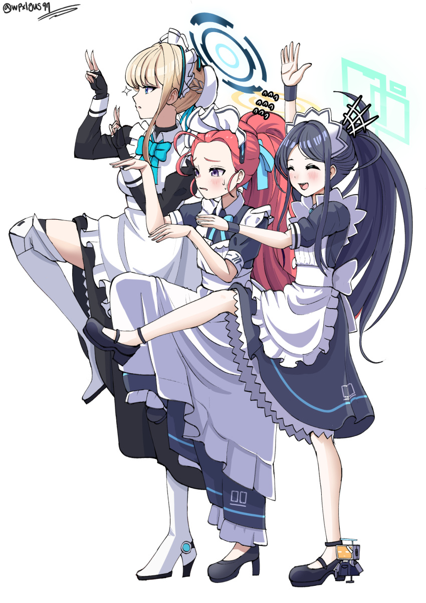 &lt;key&gt;_(robot)_(blue_archive) 3girls ^_^ apron aris_(blue_archive) aris_(maid)_(blue_archive) black_gloves black_hair blonde_hair blue_archive blue_bow blue_bowtie blue_eyes boots bow bowtie braid braided_bun bun_cover closed_eyes commentary_request double_v fighting_stance fingerless_gloves forehead frilled_apron frills from_side gloves hair_bow hair_bun hair_ribbon halo high_heel_boots high_heels highres jetihyeon kicking long_hair long_sleeves maid maid_apron maid_headdress multiple_girls official_alternate_costume official_alternate_hairstyle parted_bangs redhead ribbon short_sleeves sidelocks simple_background single_braid single_hair_bun standing standing_on_one_leg strappy_heels thigh_boots toki_(blue_archive) turtleneck v white_apron white_background white_footwear yotsubato!_pose yuzu_(blue_archive) yuzu_(maid)_(blue_archive)