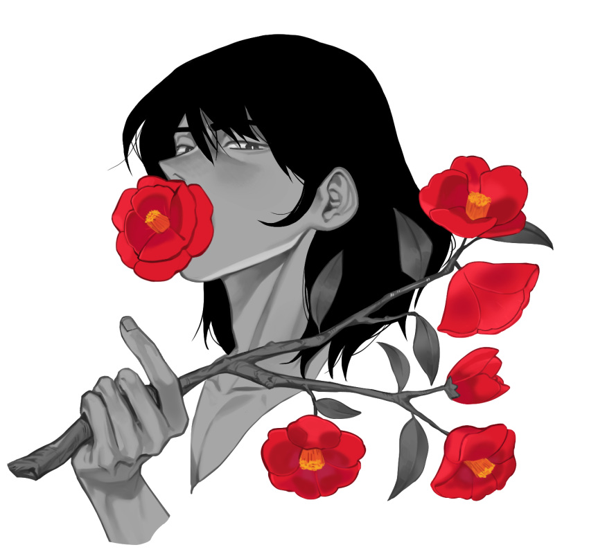 1boy blending branch bright_pupils fingernails flower flower_over_mouth flower_request hair_between_eyes halorane highres holding holding_branch ishikawa_goemon_xiii leaf lupin_iii male_focus medium_hair pectoral_cleavage pectorals red_flower solo spot_color upper_body white_background white_pupils