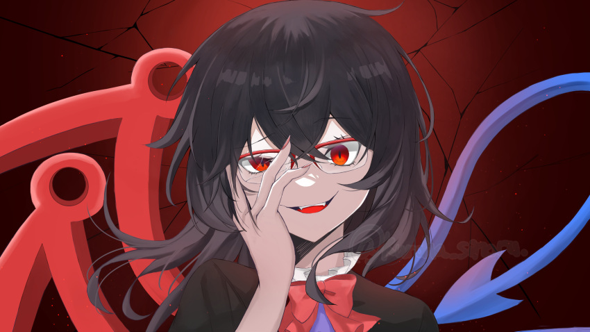 1girl :d asymmetrical_wings black_hair blue_wings bow bowtie commentary_request hand_on_own_face highres houjuu_nue kuro_wa_shinoru looking_at_viewer medium_hair open_mouth red-framed_eyewear red_bow red_bowtie red_eyes red_wings smile solo touhou upper_body wings
