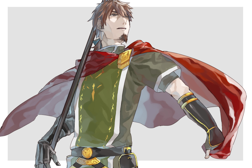 1boy bags_under_eyes belt black_belt blue_ribbon border brown_hair cape facial_hair fate/grand_order fate_(series) fingerless_gloves gauntlets gloves goatee green_tabard green_tunic grey_background grey_eyes hector_(fate) male_focus open_mouth polearm red_cape ribbon solo sorabean tabard teeth upper_body upper_teeth_only weapon white_border