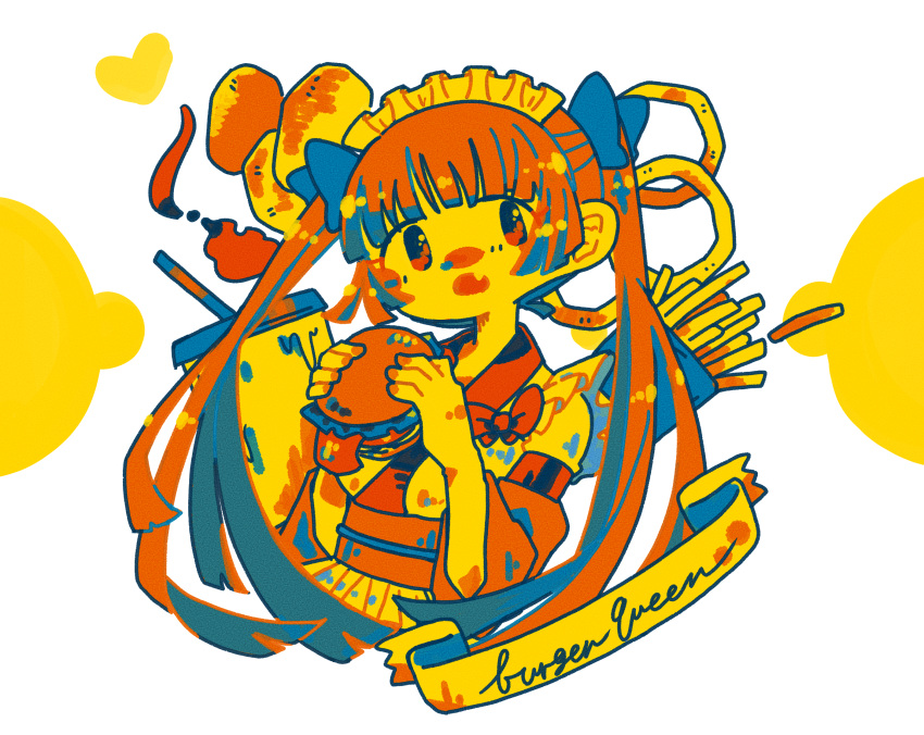 1girl blue_bow blush bow burger cbcb1728 character_name cup disposable_cup food french_fries hair_bow heart highres holding holding_food japanese_clothes long_hair maid_headdress nose_blush onion_rings open_mouth orange_theme original solo twintails upper_body very_long_hair