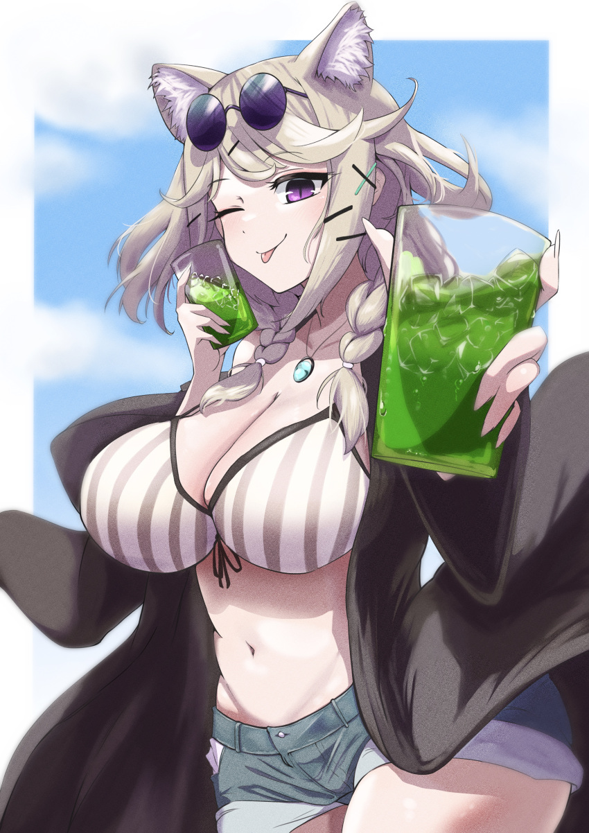 1girl absurdres animal_ears arknights bikini blue_sky blurry blurry_background braid breasts cat_ears coat cowboy_shot cup drinking_glass eyewear_on_head fudji_(fuz_i_llust) highres holding holding_cup large_breasts light_brown_hair midriff navel open_clothes open_coat purple-tinted_eyewear short_shorts shorts sky slit_pupils smile solo striped striped_bikini swimsuit swimsuit_cover-up tinted_eyewear tongue tongue_out twin_braids utage_(arknights) utage_(summer_flowers)_(arknights) vertical-striped_bikini vertical_stripes