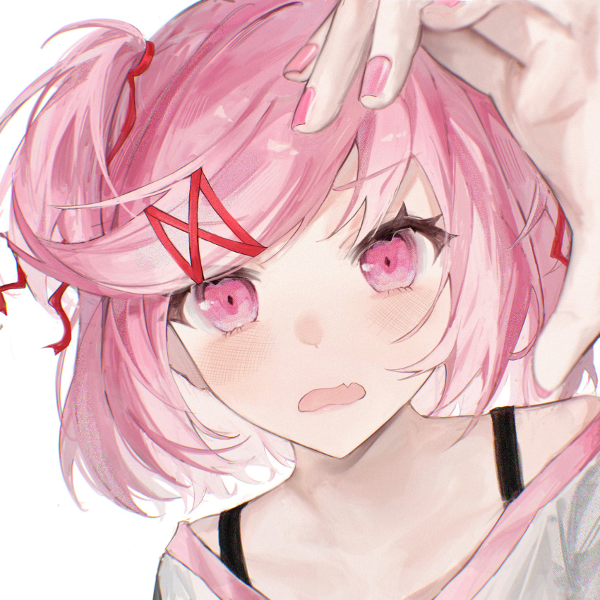 1girl blush close-up commentary doki_doki_literature_club fang frown highres lips looking_at_viewer natsuki_(doki_doki_literature_club) open_mouth pink_eyes pink_hair pink_nails portrait reaching reaching_towards_viewer shirt shiruru531 short_hair sidelocks simple_background skin_fang solo swept_bangs symbol-only_commentary twintails white_background white_shirt