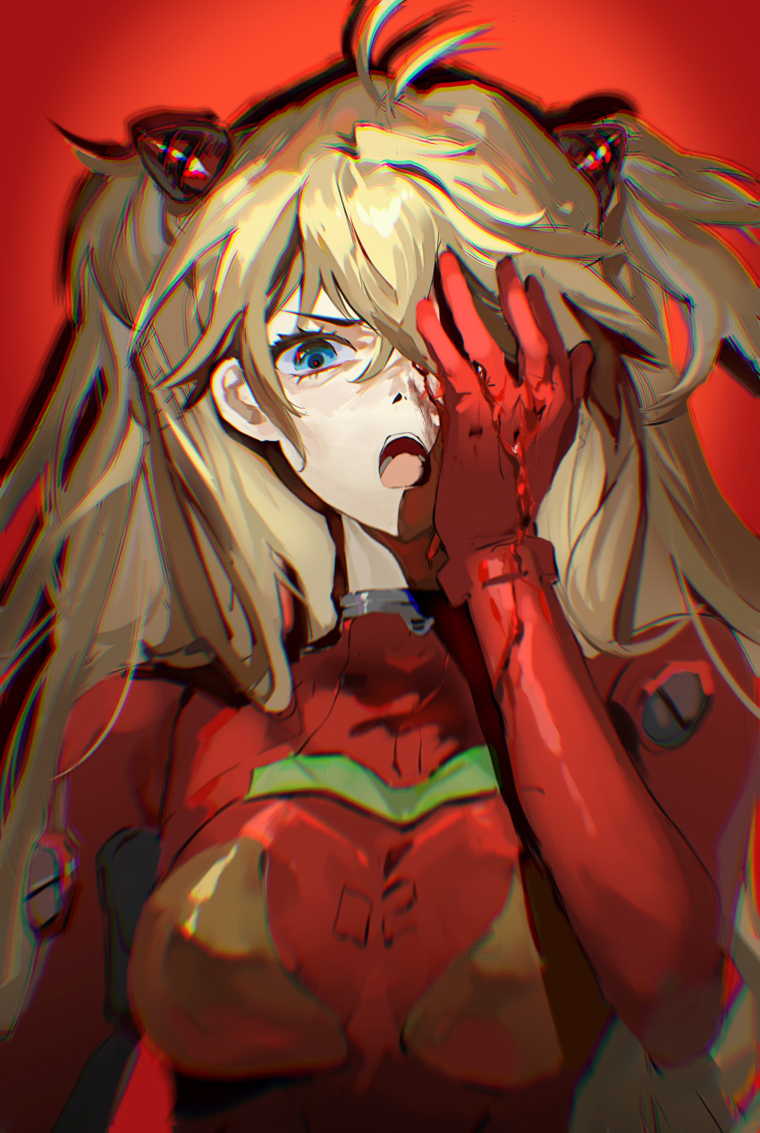 &gt;:( 1girl absurdres angry antenna_hair bleeding blonde_hair blood blood_on_face blood_on_hands blue_eyes bodysuit chinese_commentary chromatic_aberration commentary_request covering_one_eye drop_shadow hand_on_own_face hand_up highres interface_headset long_hair looking_at_viewer neon_genesis_evangelion one_eye_covered open_mouth plugsuit red_background red_bodysuit simple_background solo souryuu_asuka_langley two_side_up upper_body v-shaped_eyebrows yetainai_yetaishui