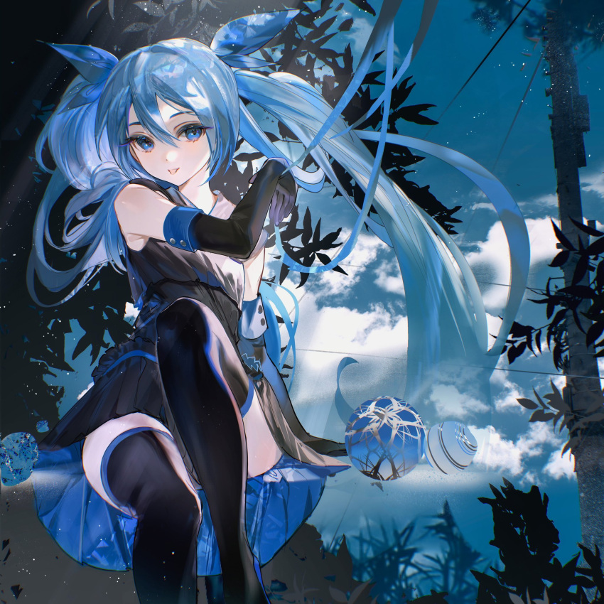 1girl :p arm_at_side arm_support bare_shoulders black_gloves black_shirt black_skirt black_thighhighs blue_eyes blue_hair blue_ribbon blue_sky blue_trim chromatic_aberration clouds elbow_gloves gloves hair_between_eyes hair_ribbon hand_up hatsune_miku highres hitorinbo_envy_(vocaloid) knee_up leaf light_particles long_hair looking_at_viewer outdoors plant pleated_skirt power_lines ribbon rumoon shirt sitting skirt sky sleeveless sleeveless_shirt solo thigh-highs tongue tongue_out twintails two-sided_fabric two-sided_skirt utility_pole vocaloid zettai_ryouiki