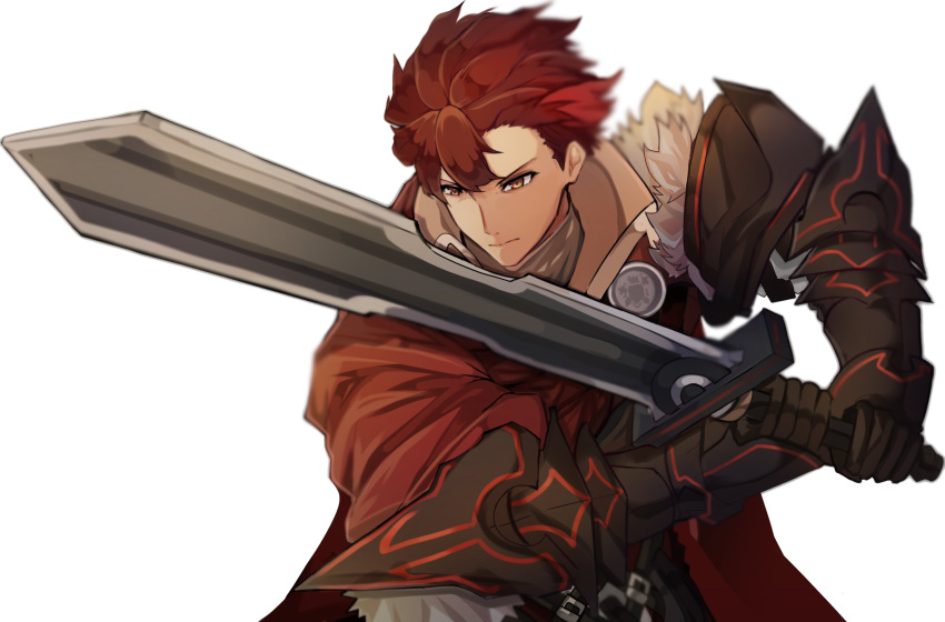 1boy armor black_gloves cape closed_mouth diamant_(fire_emblem) fire_emblem fire_emblem_engage fur_trim furrowed_brow gloves highres holding holding_sword holding_weapon male_focus novembertimex red_eyes redhead short_hair shoulder_armor solo sword weapon white_background