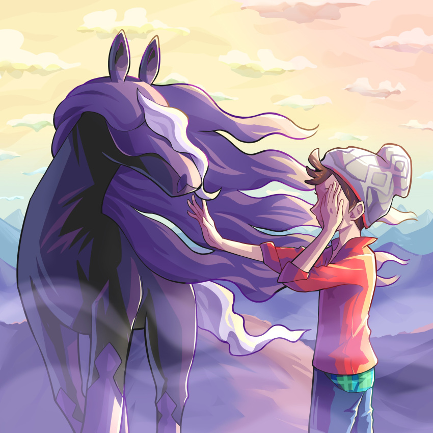 1boy absurdres animal_ears brown_hair clouds covering_one_eye cowboy_shot ffccll grey_headwear hand_on_own_face highres horse_ears looking_at_another male_focus mountain mountainous_horizon pokemon pokemon_(creature) pokemon_(game) pokemon_swsh sky spectrier victor_(pokemon)