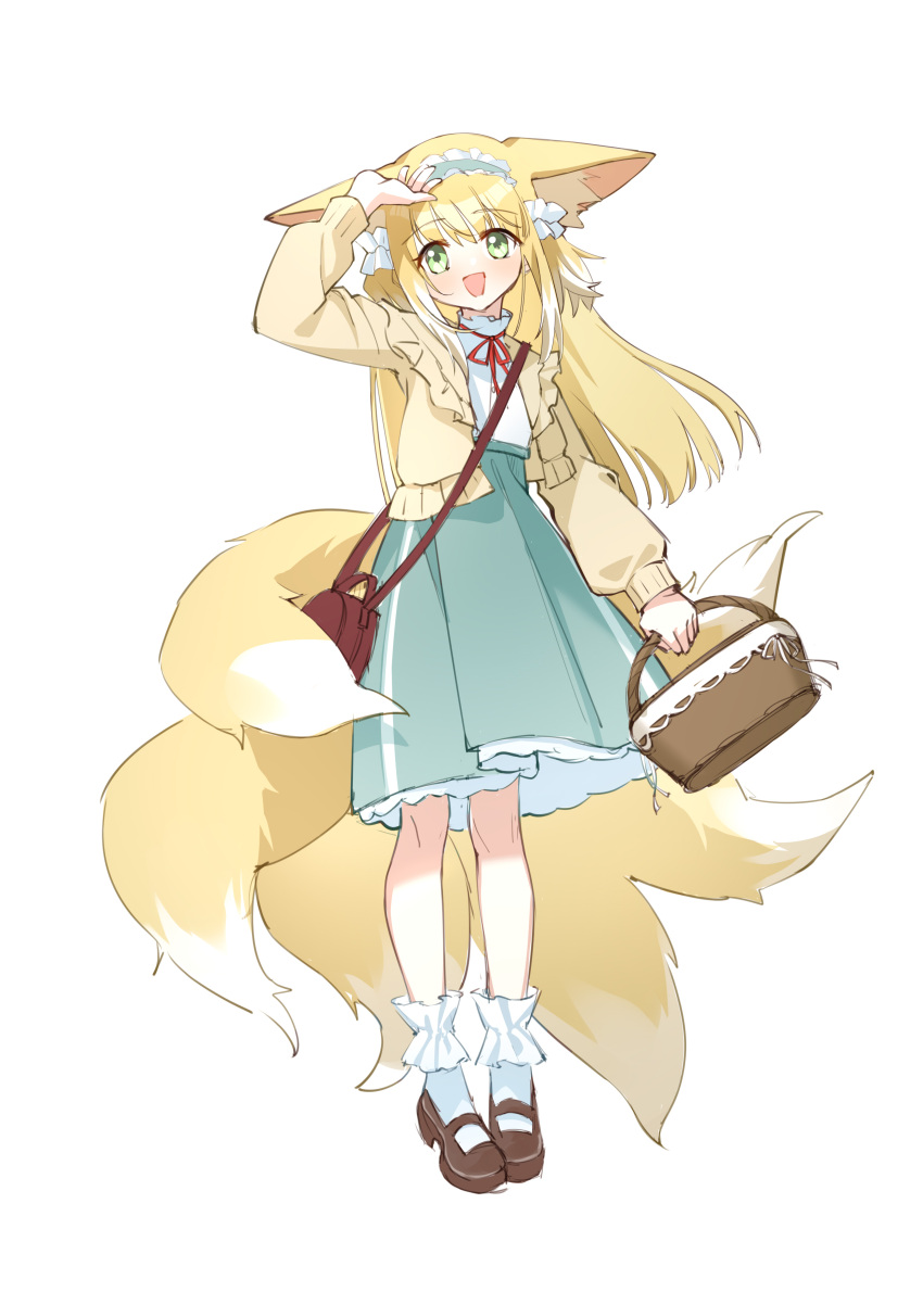 1girl absurdres animal_ear_fluff animal_ears aqua_hairband aqua_skirt arknights bag basket blonde_hair bobby_socks brown_bag brown_footwear cardigan chinese_commentary commentary_request fox_ears fox_girl fox_tail frilled_hairband frills green_eyes hair_ornament hair_scrunchie hairband hand_up handbag high-waist_skirt highres holding holding_basket kitsune kyuubi long_sleeves looking_at_viewer mary_janes medium_skirt moli_qiyue multicolored_hair multiple_tails neck_ribbon official_alternate_costume open_cardigan open_clothes open_mouth puffy_long_sleeves puffy_sleeves red_ribbon ribbon scrunchie shirt shoes shoulder_bag simple_background skirt socks solo standing suzuran_(arknights) suzuran_(spring_praise)_(arknights) tachi-e tail two-tone_hair white_background white_hair white_shirt white_socks yellow_cardigan