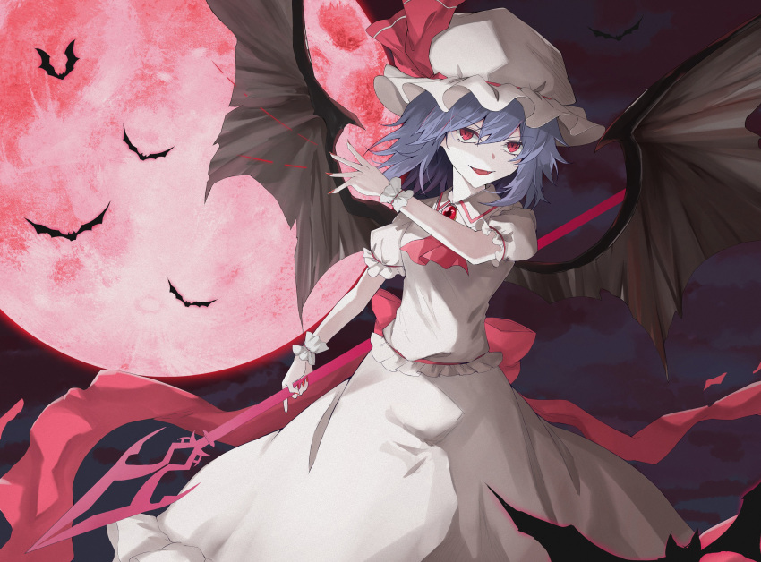 1girl :d absurdres ascot bat_(animal) bat_wings commentary english_commentary full_moon hat hat_ribbon highres holding holding_weapon kuro_wa_shinoru looking_at_viewer mob_cap moon open_mouth outdoors purple_hair red_ascot red_eyes red_moon red_ribbon remilia_scarlet ribbon shirt short_hair short_sleeves skirt smile spear_the_gungnir touhou weapon white_headwear white_shirt white_skirt wings