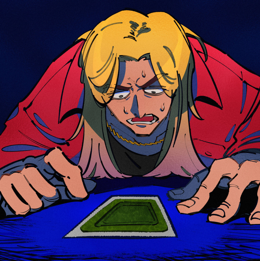 1boy absurdres bags_under_eyes black_eyes black_shirt blonde_hair blue_background card chain_necklace commentary_request fingernails highres inudori jacket jewelry kaiji kitami_(kaiji) leaning_forward long_hair looking_down male_focus medium_bangs necklace open_mouth parted_bangs playing_card red_jacket shirt solo sweat teeth upper_body v-shaped_eyebrows