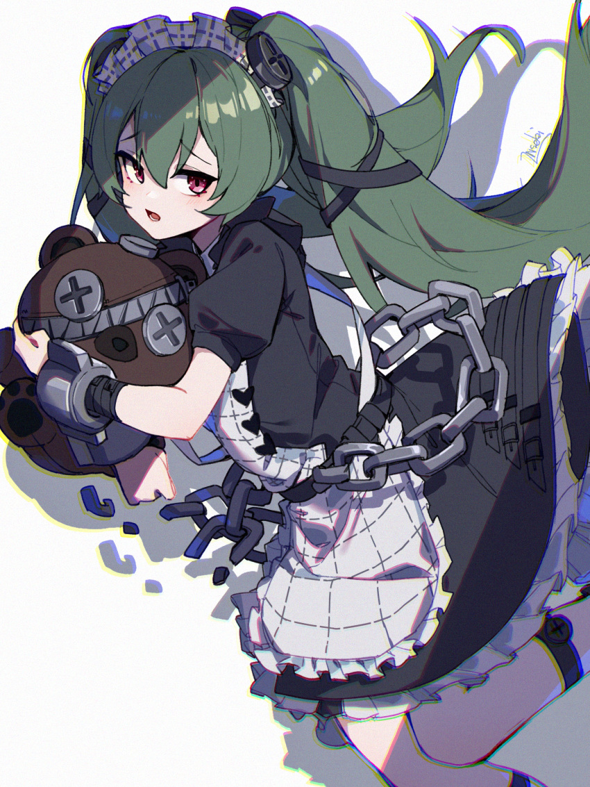 1girl apron artist_name black_dress black_wristband blush chain chinese_commentary chromatic_aberration corin_wickes cowboy_shot dress green_hair hair_between_eyes highres holding inseki11 long_hair lower_teeth_only maid_apron maid_headdress open_mouth puffy_short_sleeves puffy_sleeves red_eyes shin_strap short_sleeves solo stuffed_animal stuffed_toy teddy_bear teeth twintails zenless_zone_zero