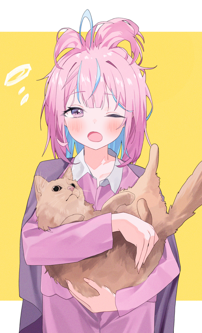1girl absurdres animal blue_hair blush brown_cat cat collared_shirt colored_inner_hair commentary_request highres holding holding_animal holding_cat hololive long_sleeves looking_at_viewer medium_hair messy_hair minato_aqua multicolored_hair nel_dcm one_eye_closed open_mouth pants pink_hair pink_pants pink_shirt shirt simple_background solo straight-on streaked_hair violet_eyes virtual_youtuber yawning yellow_background