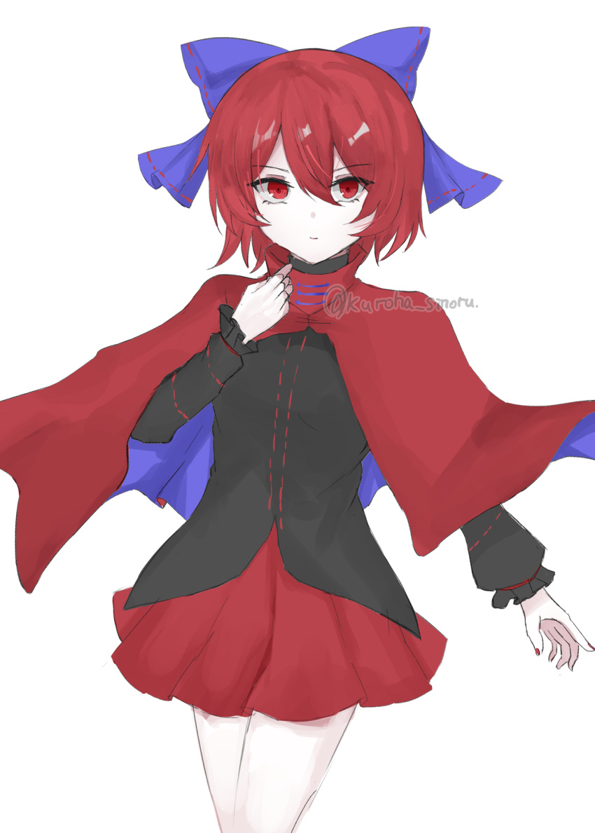 1girl black_shirt blue_bow bow cloak closed_mouth commentary hair_bow highres kuro_wa_shinoru long_sleeves looking_at_viewer one-hour_drawing_challenge red_eyes red_skirt redhead sekibanki shirt short_hair simple_background skirt solo touhou white_background