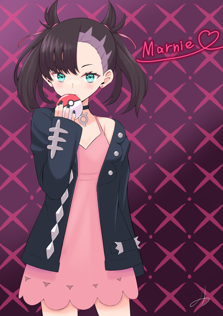 1girl absurdres asymmetrical_bangs black_choker black_jacket black_nails blush character_name choker closed_mouth commentary_request dress earrings eyelashes green_eyes hair_ribbon hand_up heart highres holding holding_poke_ball jacket jewelry jyanbo_(monaca_draw) long_sleeves looking_at_viewer marnie_(pokemon) nail_polish open_clothes open_jacket pink_dress poke_ball poke_ball_(basic) pokemon pokemon_(game) pokemon_swsh purple_background ribbon solo