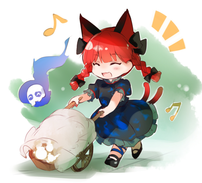 1girl animal_ears black_footwear black_ribbon cat_ears cat_tail closed_eyes commentary_request dress extra_ears fingernails full_body green_dress hair_ribbon hitodama kaenbyou_rin kutsuki_kai long_fingernails multiple_tails musical_note open_mouth red_nails redhead ribbon short_sleeves solo tail touhou two_tails wheelbarrow