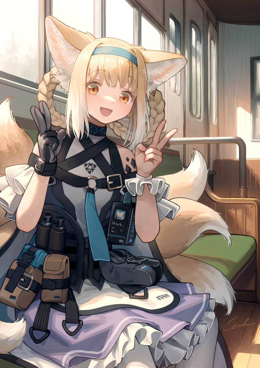 1girl :d absurdres animal_ear_fluff animal_ears arknights bare_shoulders black_collar black_gloves blonde_hair blue_hairband braid braided_hair_rings collar commentary_request double_v dress fox_ears fox_girl fox_tail frilled_dress frills gloves hair_rings hairband highres id_card infection_monitor_(arknights) kitsune kyuubi long_hair looking_at_viewer multicolored_hair multiple_tails off-shoulder_dress off_shoulder open_mouth orange_eyes oripathy_lesion_(arknights) pantyhose purple_dress single_glove sitting smile solo suzuran_(arknights) tail train_interior twin_braids two-tone_hair v welt_(kinsei_koutenkyoku) white_hair white_pantyhose