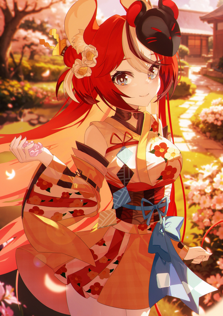 1girl absurdres animal_ear_fluff animal_ears architecture black_hair blue_bow blue_eyes bow breasts cherry_blossoms day detached_sleeves east_asian_architecture falling_petals floral_print flower hair_bun hair_flower hair_ornament hakos_baelz hakos_baelz_(2nd_costume) highres holding holding_flower hololive hololive_english japanese_architecture japanese_clothes jiang_ye_kiri kimono large_breasts long_hair looking_at_viewer mask mask_on_head mouse_ears mouse_girl mouse_mask mouse_tail multicolored_clothes multicolored_hair multicolored_kimono multicolored_sleeves obi outdoors petals pink_flower print_kimono redhead sash smile solo streaked_hair sunlight tail tree virtual_youtuber white_flower white_hair