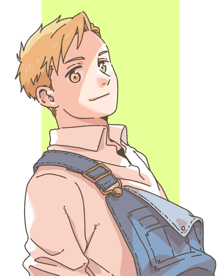 1boy alphonse_elric arms_at_sides blonde_hair blue_overalls casual close-up closed_mouth collared_shirt dress_shirt facing_viewer fullmetal_alchemist green_background happy highres leaning_back light_smile looking_afar male_focus nyaa_(morinaga1125manami) open_overalls overalls shade shirt sidelighting simple_background sleeves_rolled_up striped striped_background swept_bangs tareme two-tone_background upper_body white_background white_shirt yellow_eyes