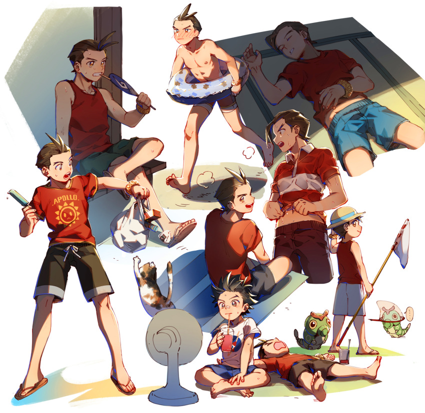 2boys :d ace_attorney aged_down animal antenna_hair apollo_justice arm_up bag bandaid bandaid_on_face bandaid_on_nose barefoot black_hair black_shorts blue_innertube blue_shorts blush bracelet brown_eyes brown_hair brown_shorts butterfly_net calico cat caterpie clay_terran clenched_teeth closed_eyes closed_mouth clothes_lift collared_shirt crossover cup drinking drinking_glass drinking_straw drooling electric_fan fanning_self fingernails flip-flops food from_behind front-tie_shorts green_shorts hand_fan hand_net hat headwear_request hi-fi_(fijazzy) highres holding holding_bag holding_food holding_popsicle indian_style jewelry lying male_focus midriff_peek mouth_hold multiple_boys multiple_views navel nipples nose_blush on_back open_mouth outstretched_arms paper_fan parted_lips pokemon polo_shirt popsicle print_shirt red_shirt red_tank_top sandals shirt shirt_lift short_hair short_sleeves shorts sitting sleeping sleeveless sleeveless_shirt smile spiky_hair standing sweat t-shirt tank_top tatami teeth teeth_hold topless_male uchiwa veranda white_shirt white_shorts